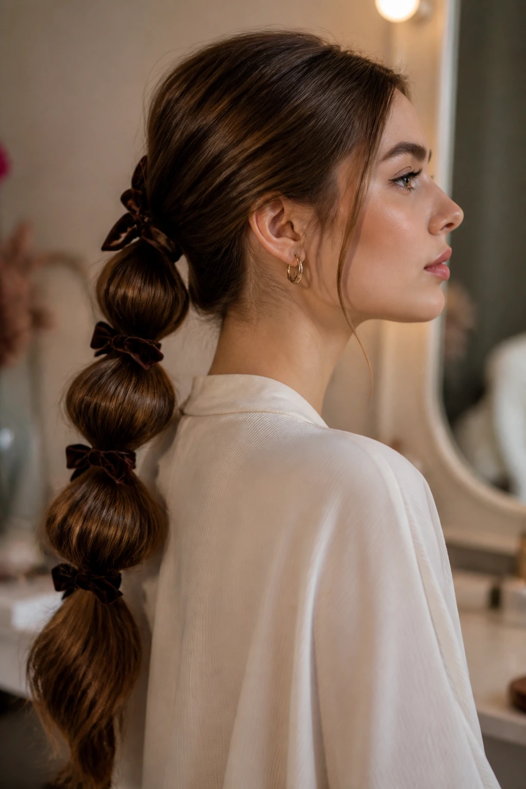 Close-up of a bubble pony with velvet ties along the tail