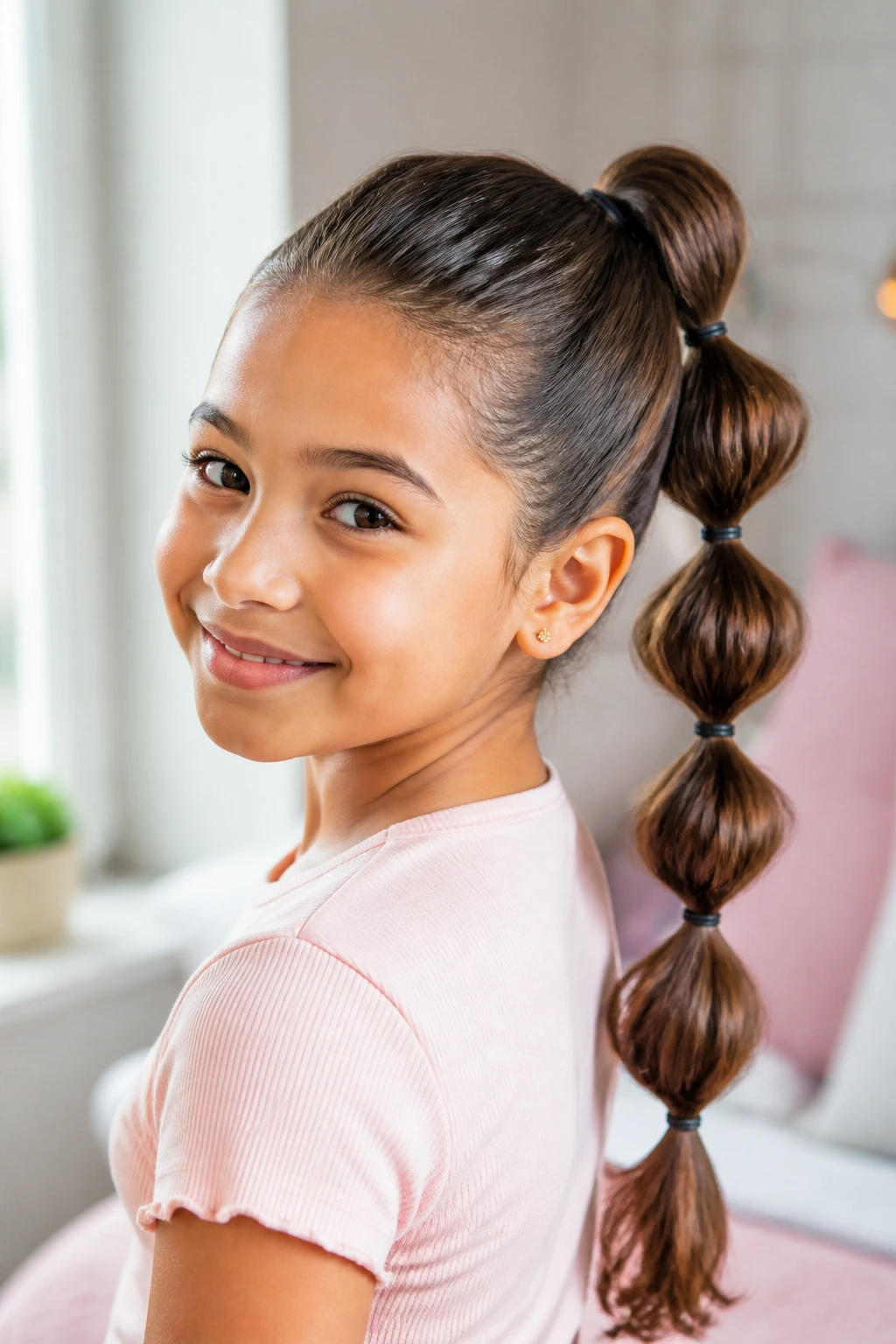 Close-up of a girl with a bubble ponytail