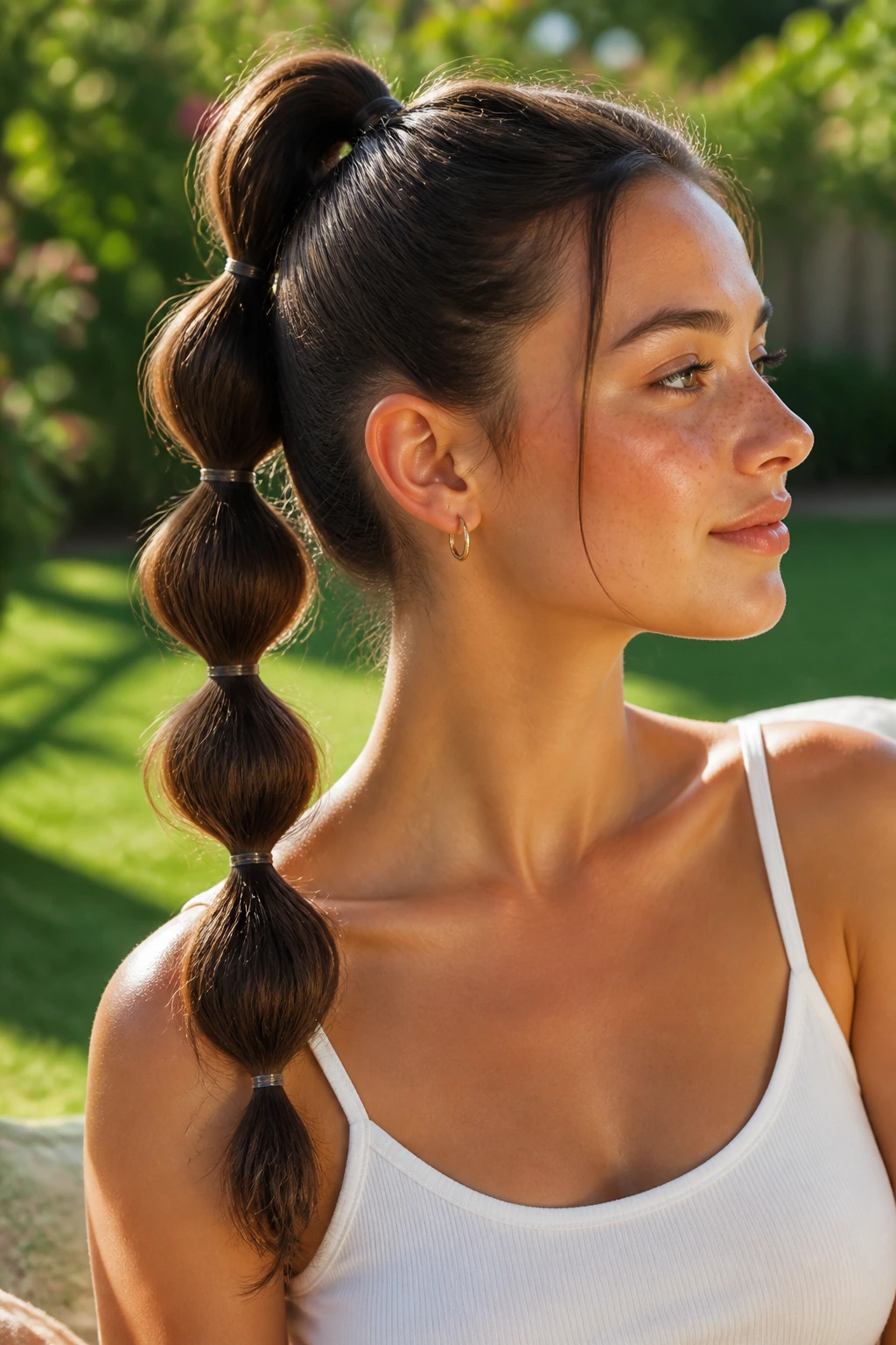 Real woman with a bubble ponytail in a sunny backyard