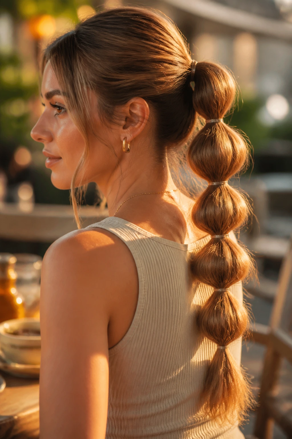Real woman with bubble ponytail close-up