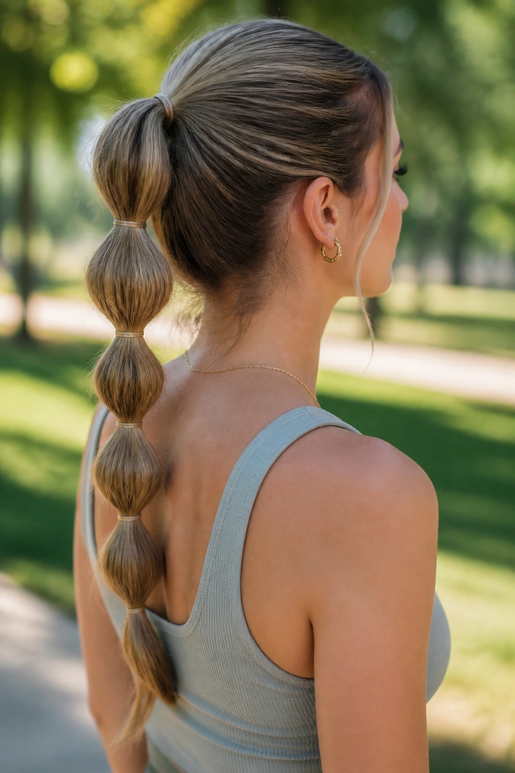 Side-back view of a real woman with a bubble ponytail