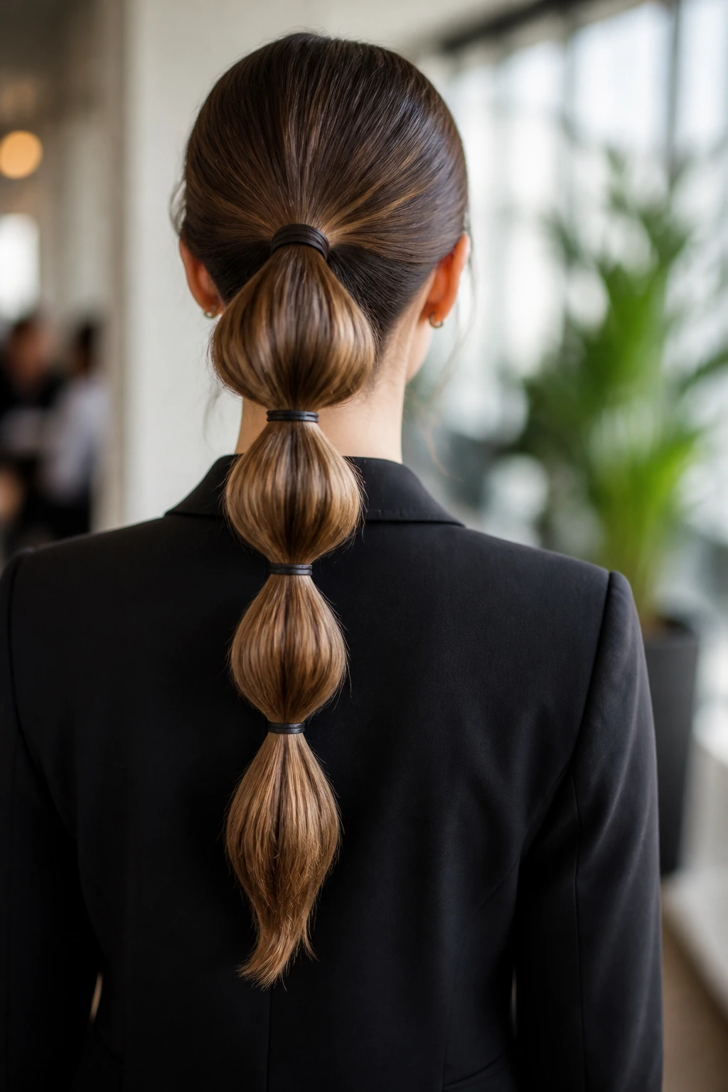 Back view of a woman with a bubble ponytail in an office setting