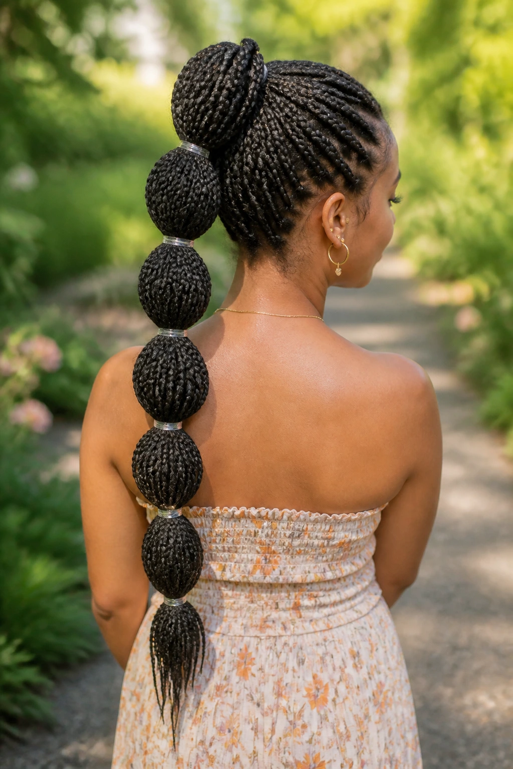 Rear portrait of a real person with a bubble ponytail cascading down the back