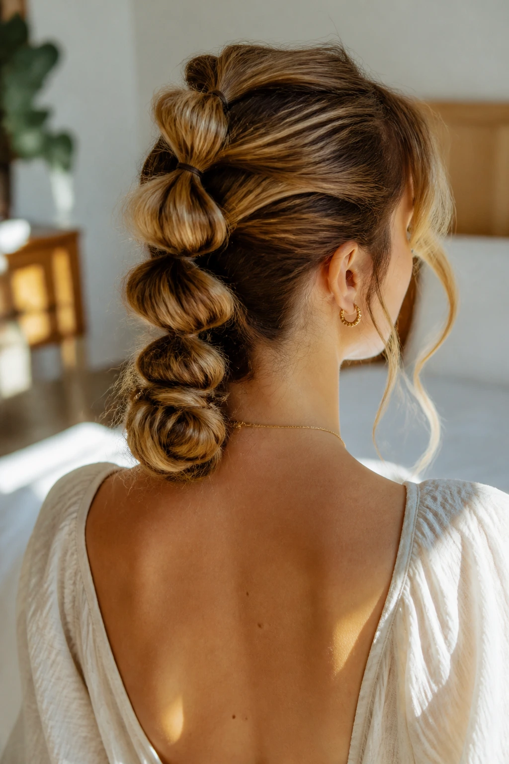 Close-up of a real woman with a Bubble Ponytail Bun in natural light.