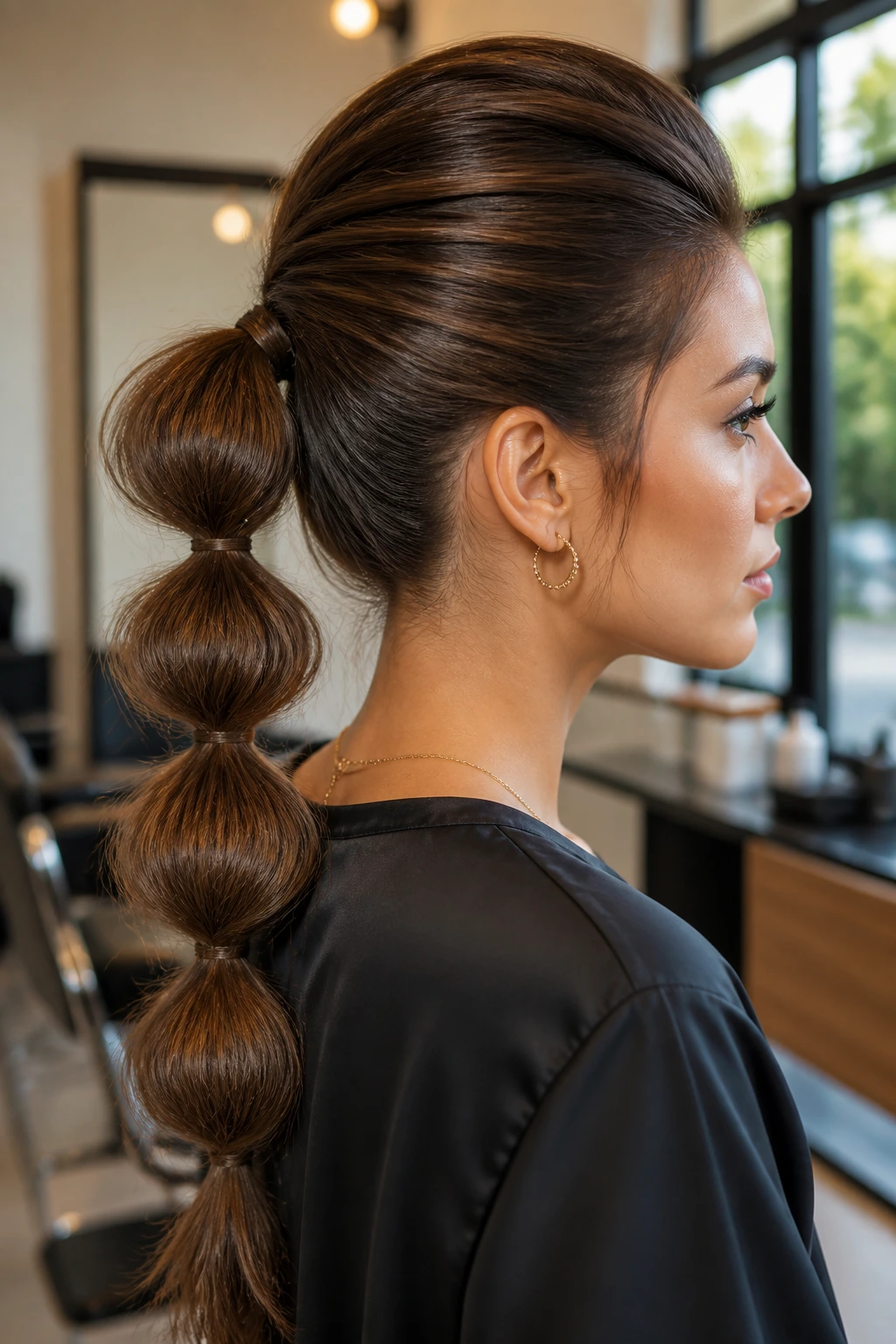 Bubble ponytail bouffant close-up portrait with crown lift.