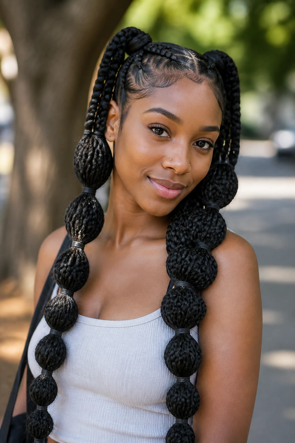 Real person with bubble ponytail box braids and rounded segments