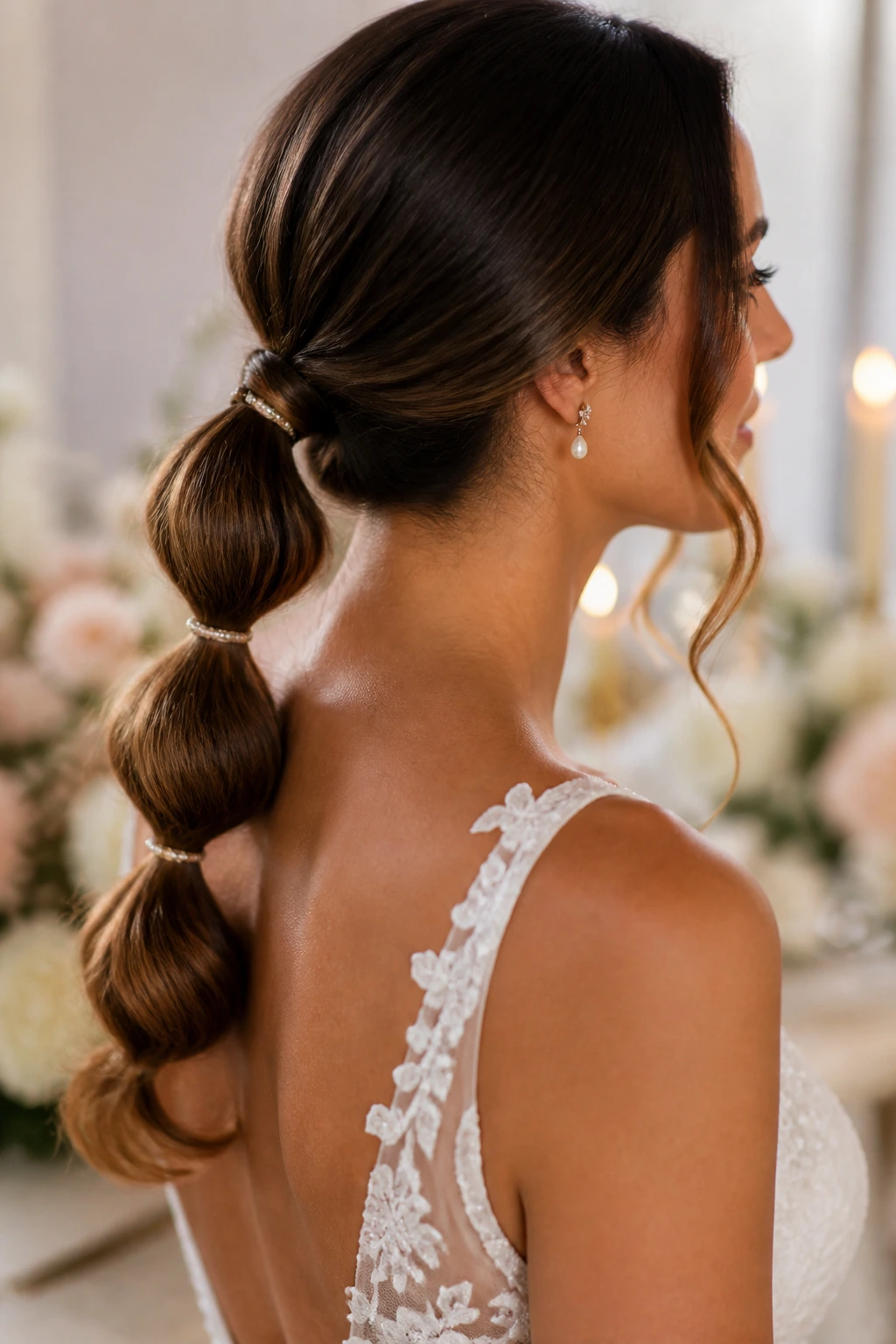 Bride with bubble ponytail featuring evenly spaced sections