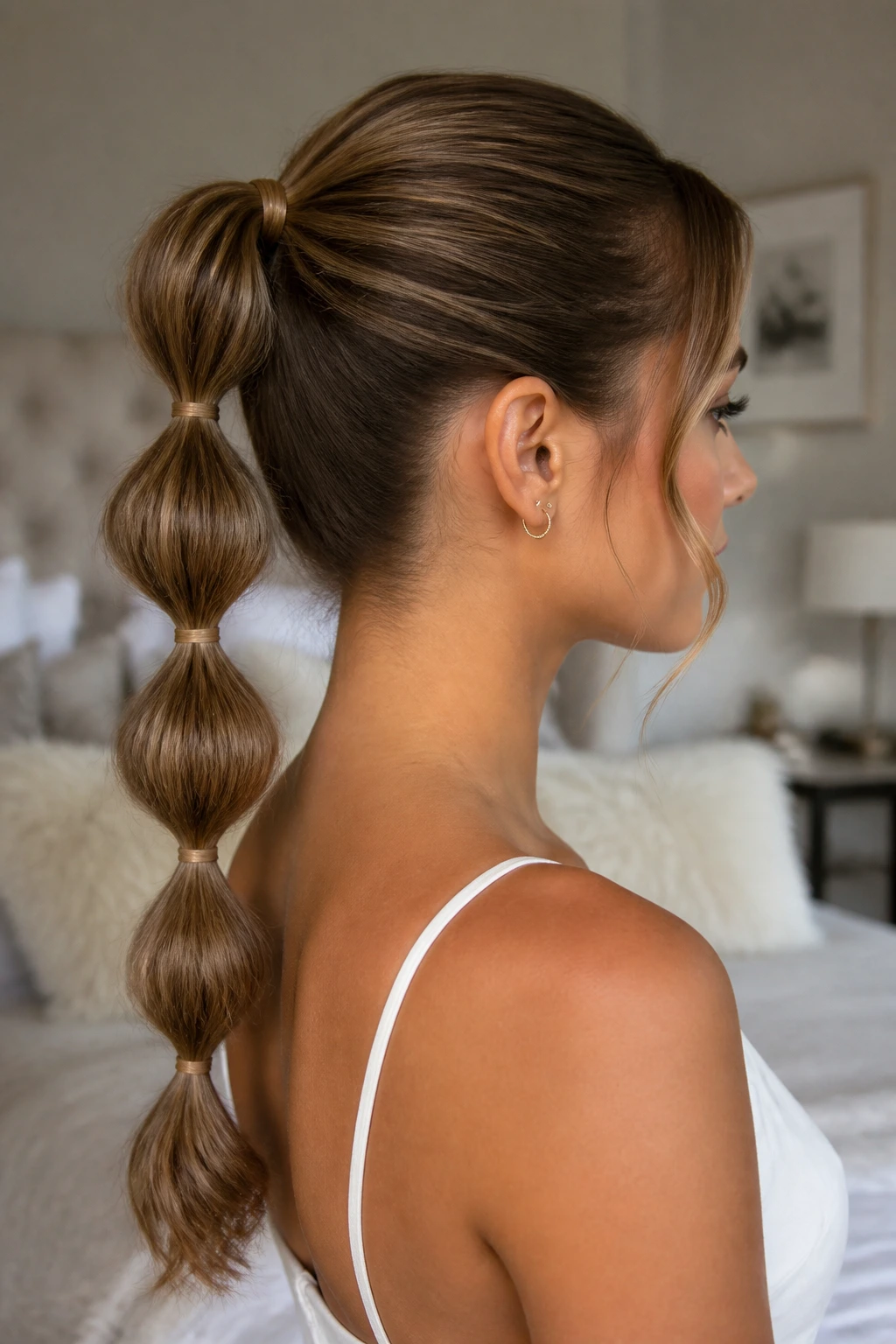Close-up of a bride with a bubble ponytail showing segmented bubbles.