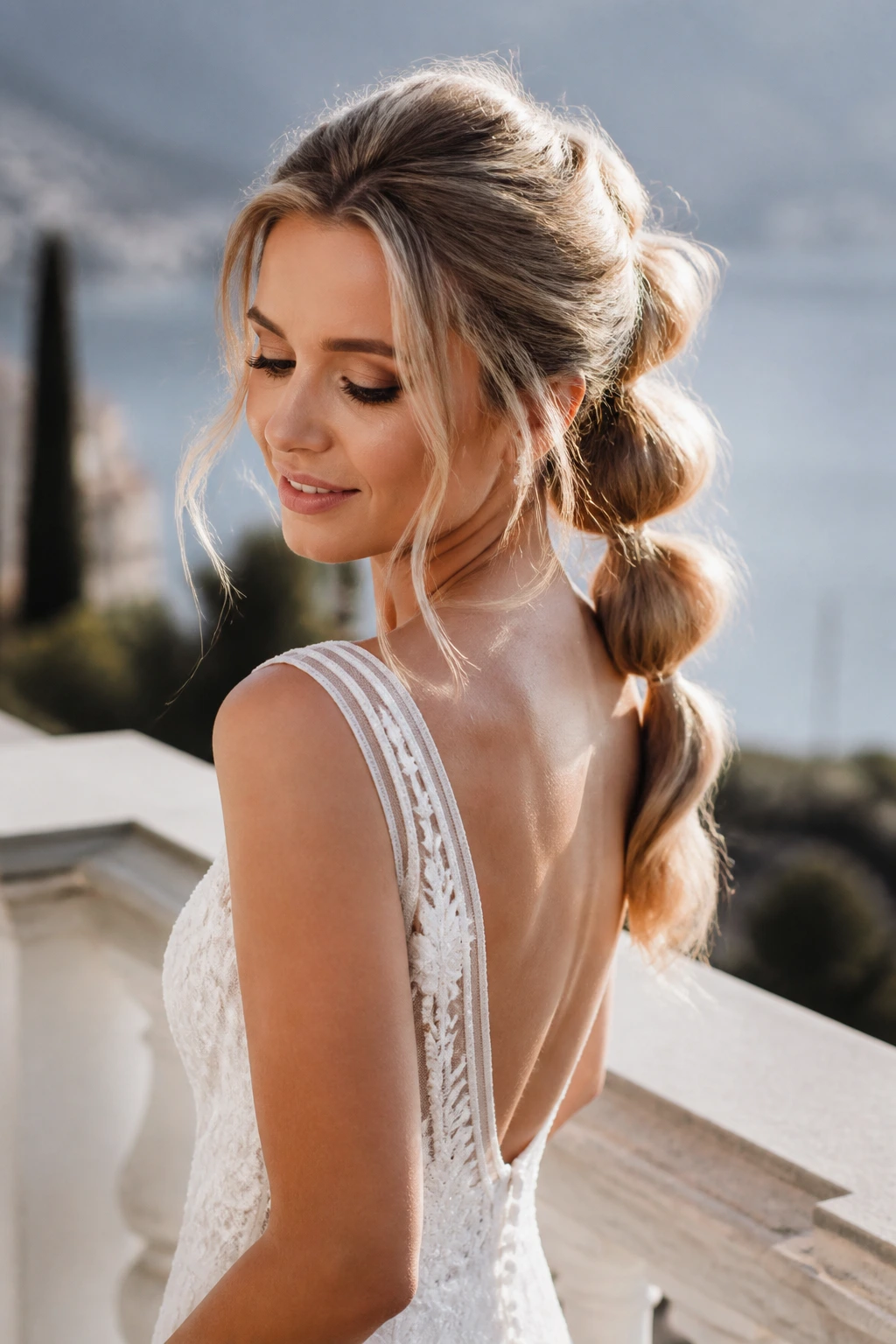 Three-quarter view of bubble ponytail with airy texture on a bride