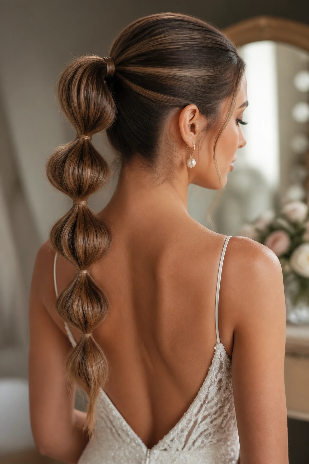 Bride with a bubble ponytail featuring evenly spaced bubbles along the hair