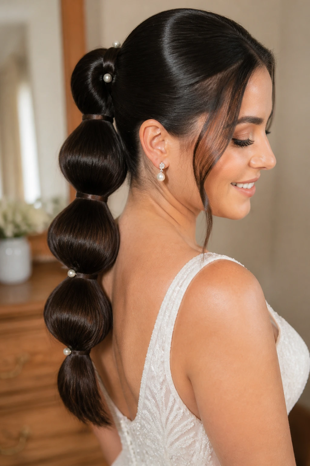 Close-up of a real bride with bubble ponytail and bridal pins.