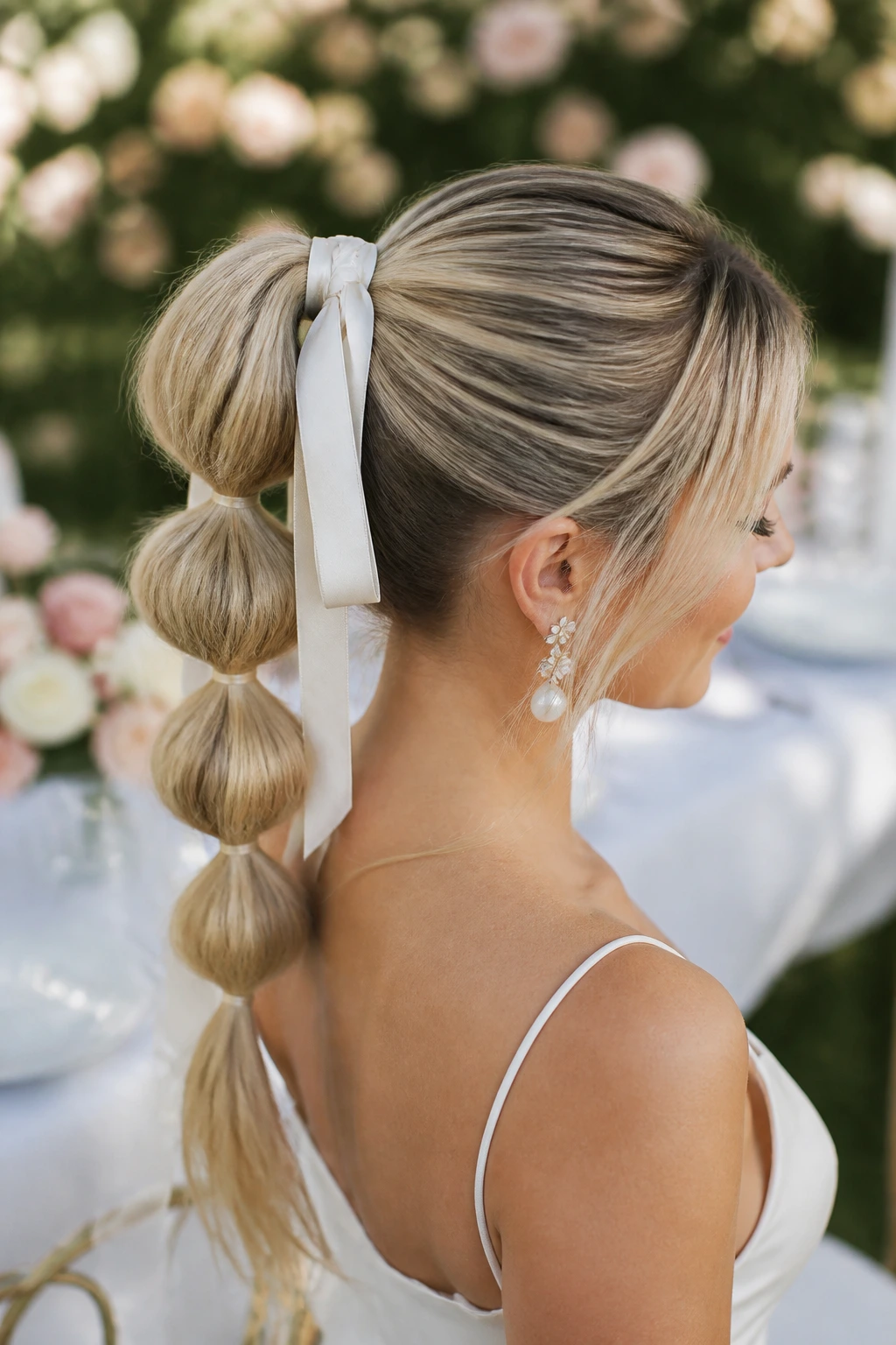Real bride with bubble ponytail and silk ribbon outdoors