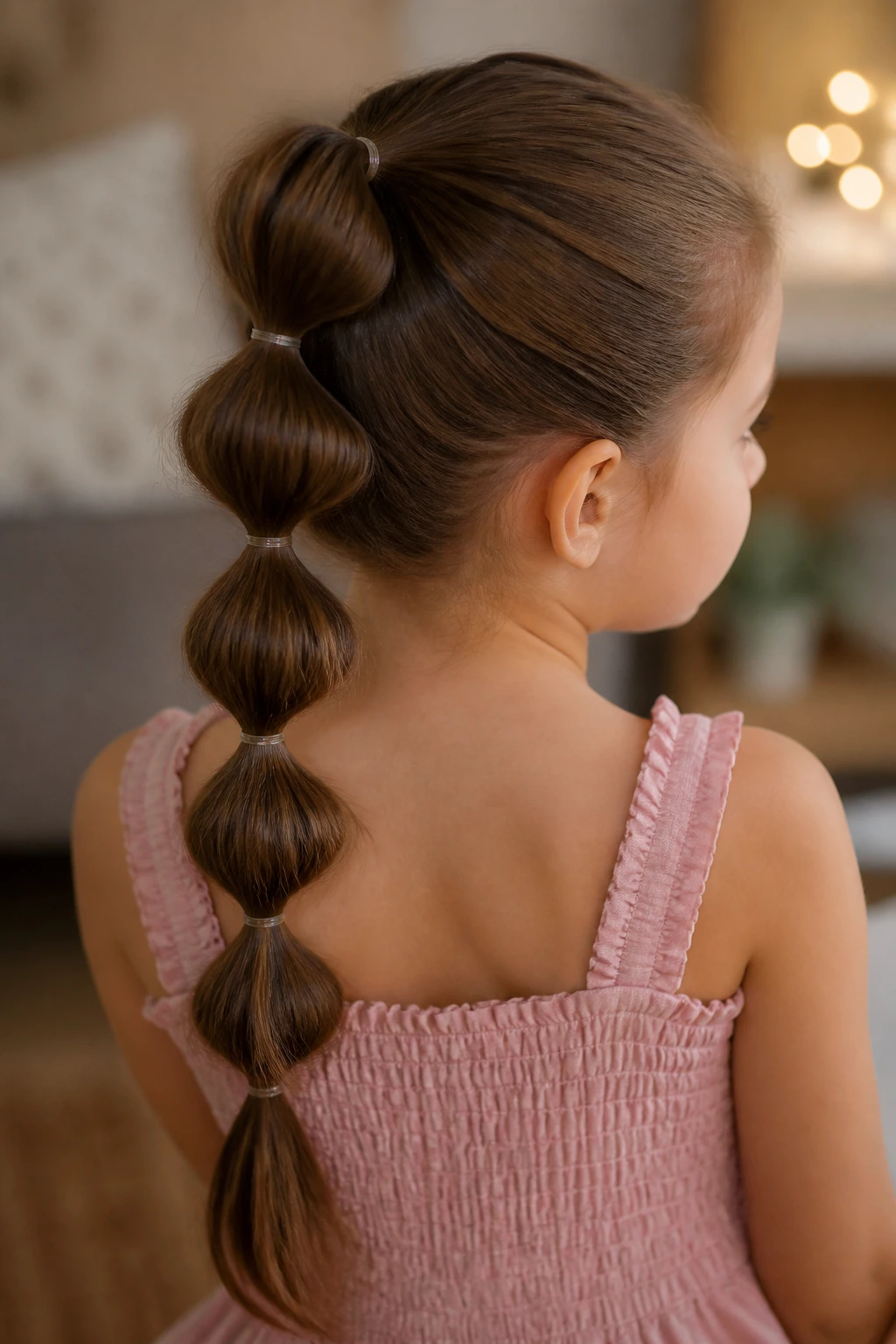 Brunette girl with bubble ponytail down the back