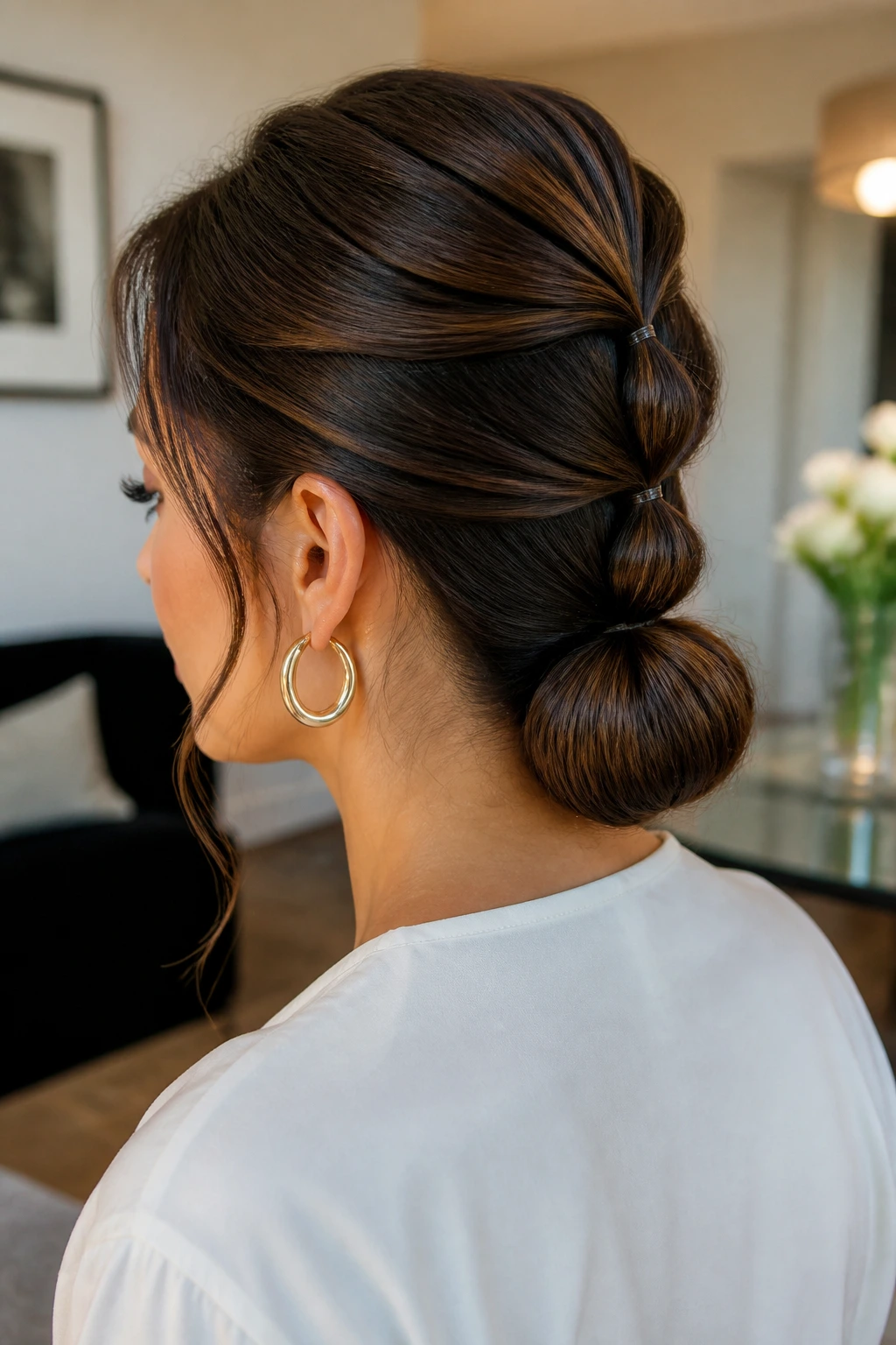 Back of head close-up of a real woman with a bubble ponytail ending in a low bun