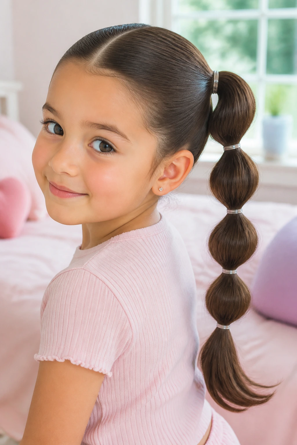 Close-up of a girl with a center-part and bubble ponytail in a bright morning room