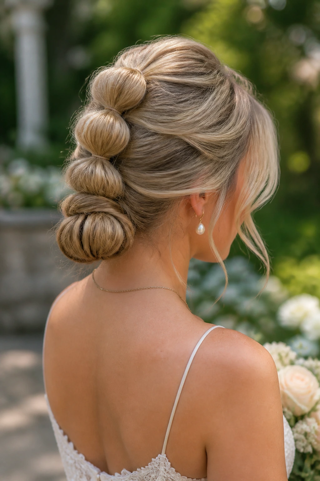 Close-up of a real bride with a bubble ponytail chignon