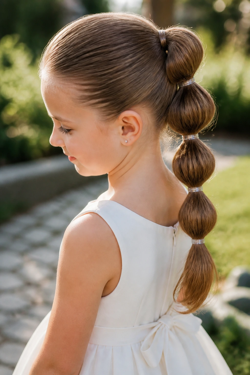 Close-up of a real child with a bubble ponytail formed by clear elastics in outdoor light