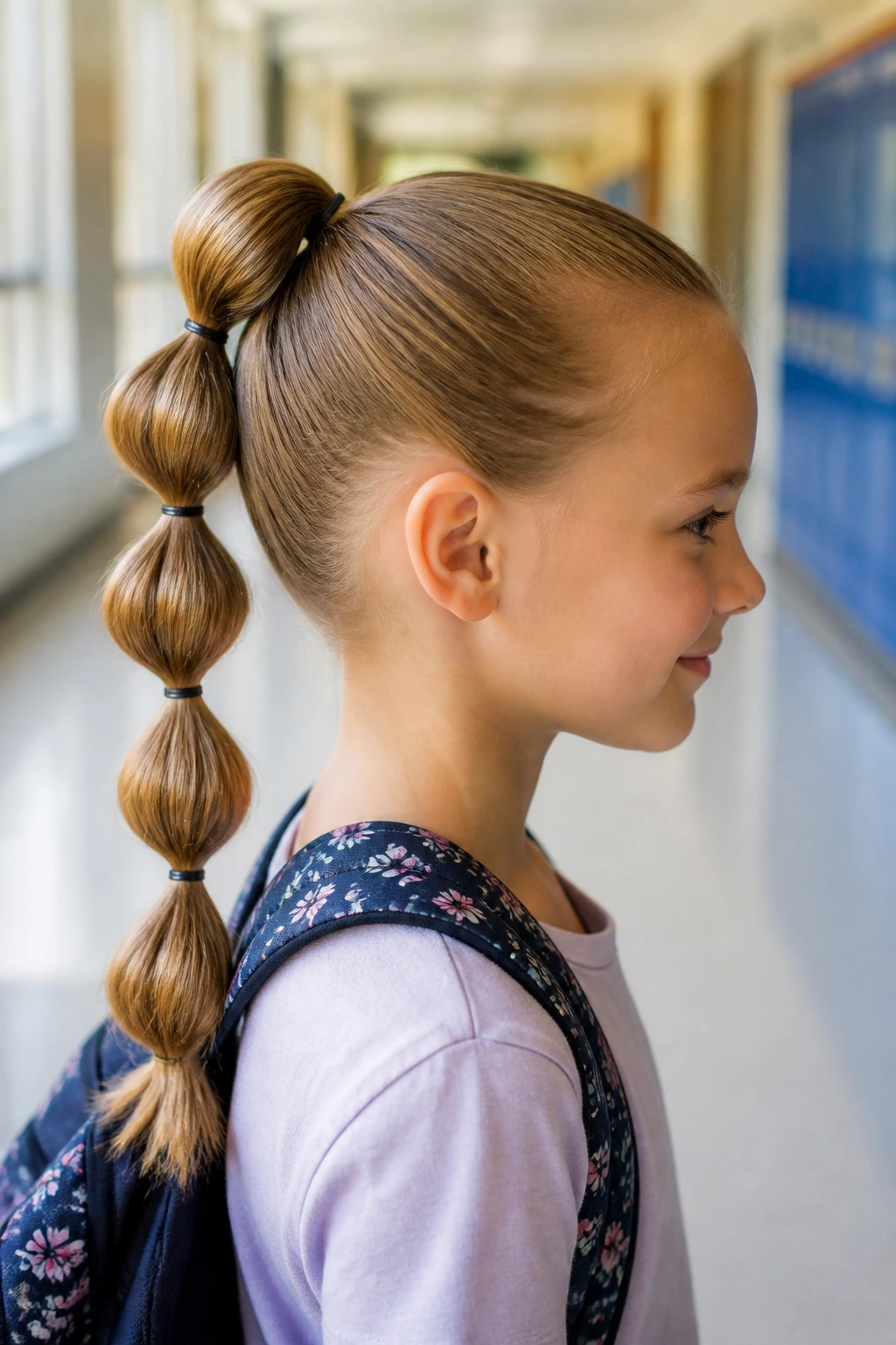 Child with a bubble ponytail in a bright hallway.