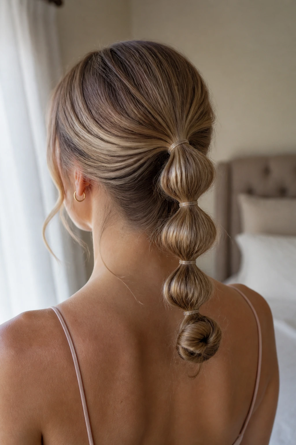 Close-up of a real woman with a bubble ponytail and a coiled end, showing volume bubbles along the length.