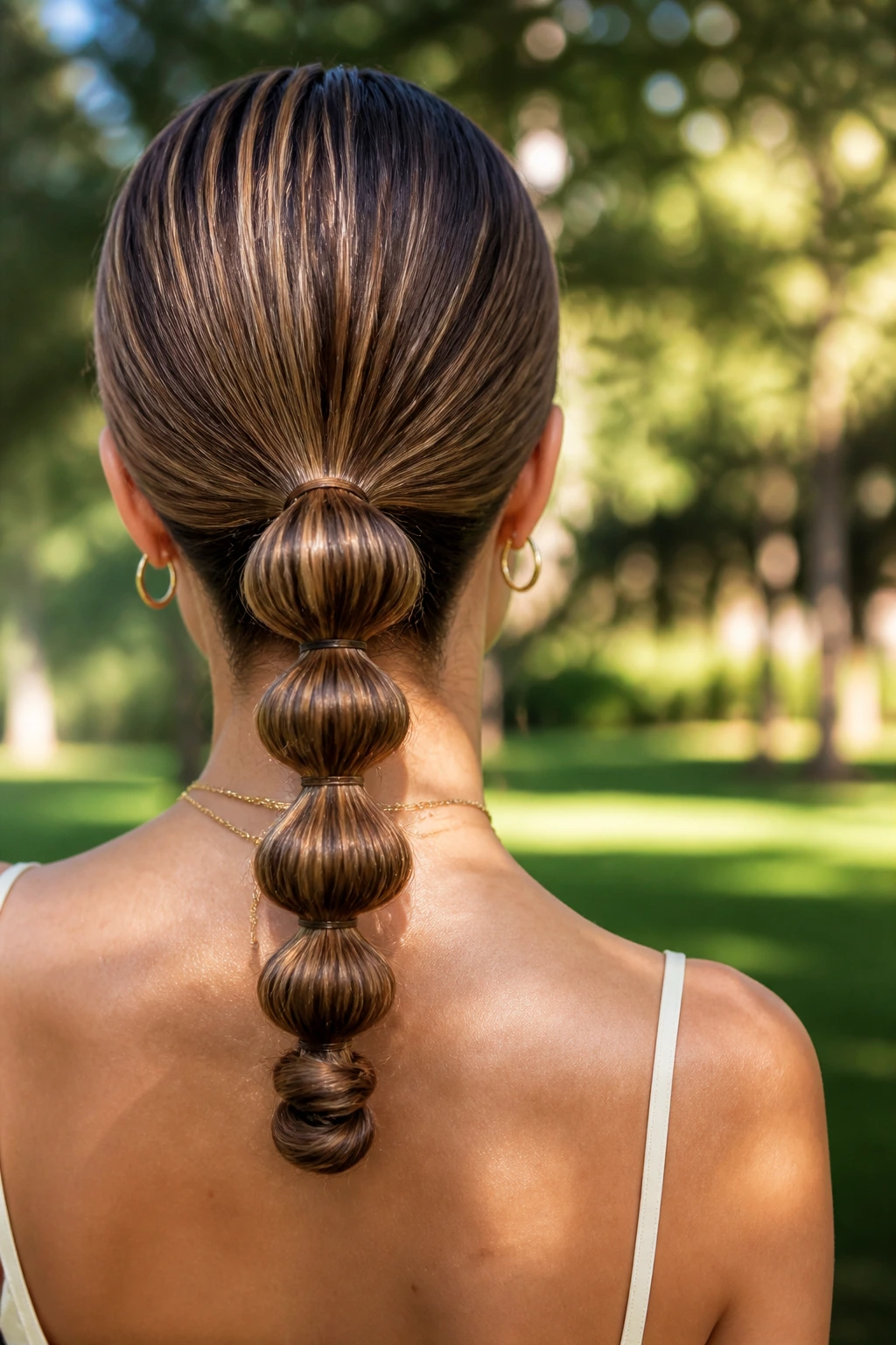 Back view of a real woman with a bubble ponytail coil hairstyle
