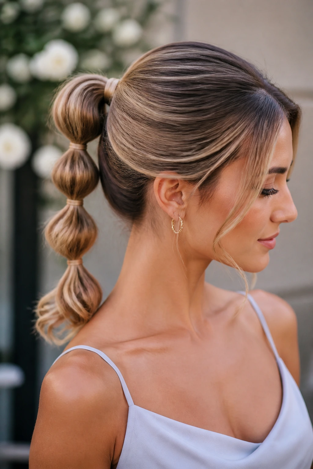 Close-up of a real woman wearing a bubble ponytail