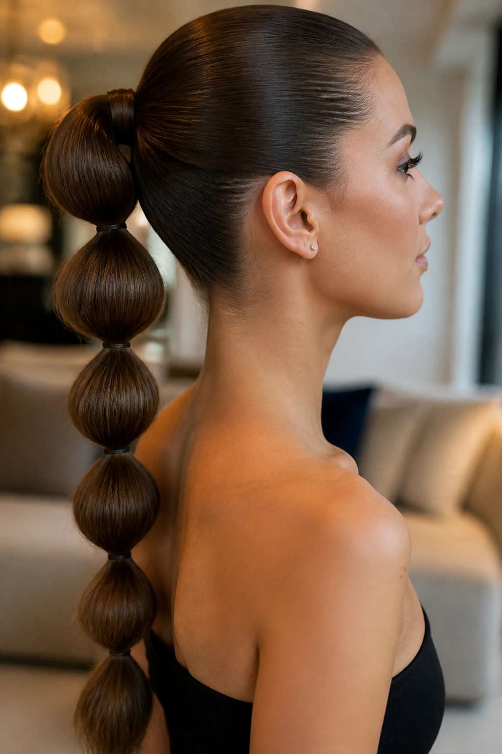 Real woman with a bubble ponytail featuring a sleek crown