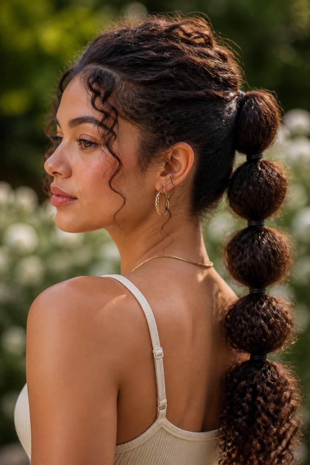 Real person with bubble ponytail on dense curls in sunny garden setting