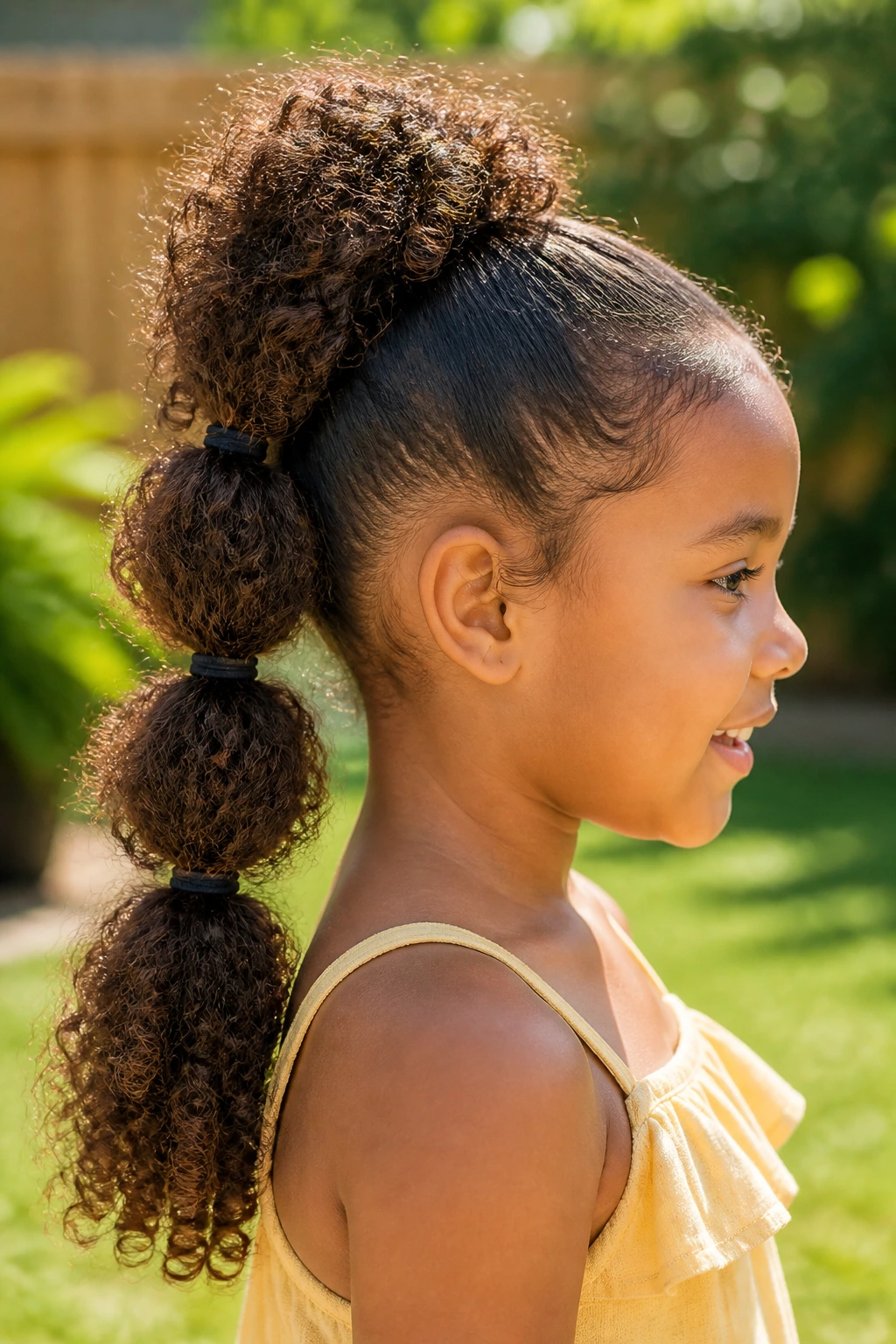 Side-profile of a girl with a bubble ponytail on curly hair outdoors.
