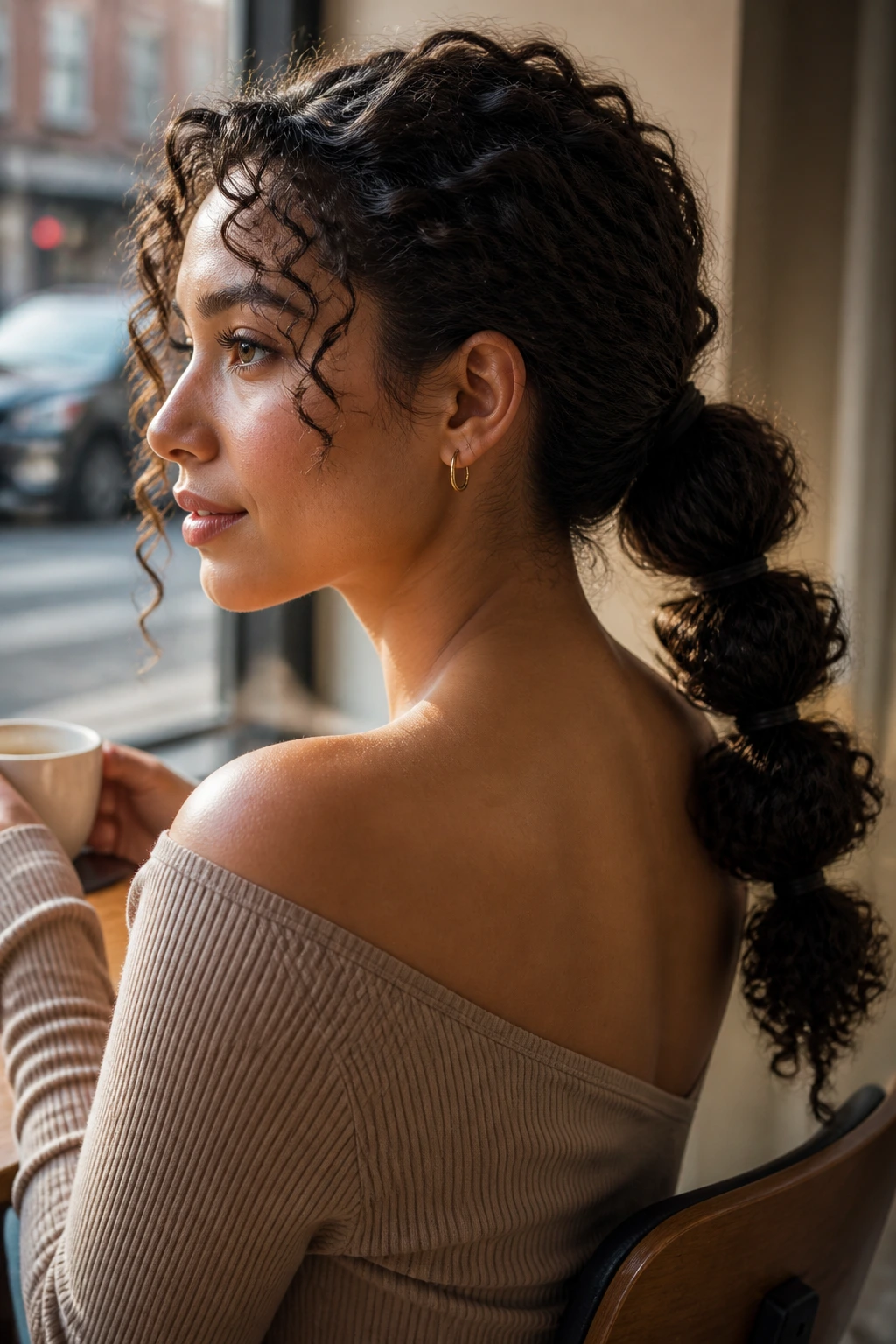 Bubble Ponytail on Defined Curls close-up portrait with bubble segments in ponytail
