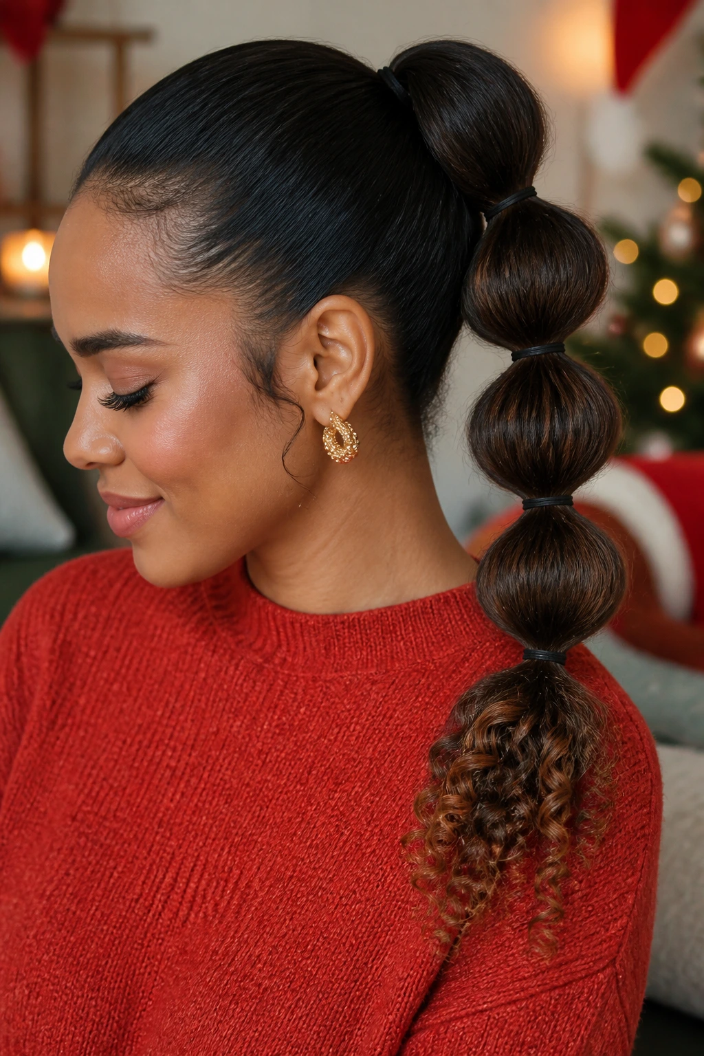 Real woman with bubble ponytail and curly ends in a cozy home setting.