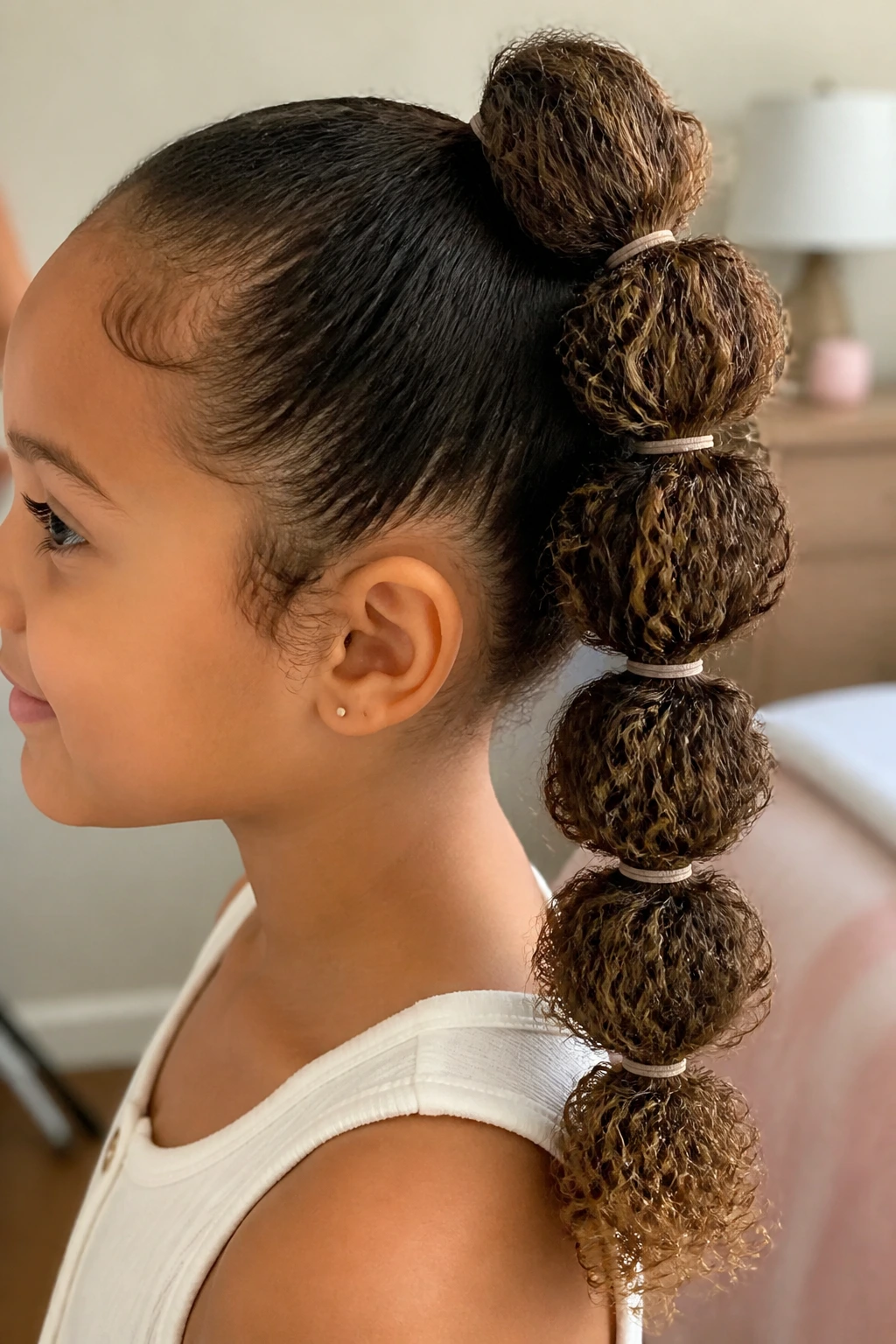 Child with bubble ponytail showing rounded elastic bubbles on curly hair