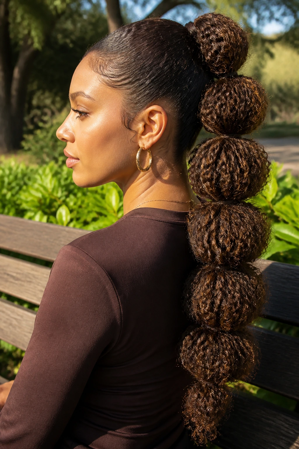 Close-up of a real woman with a bubble ponytail showing rounded sections along the ponytail