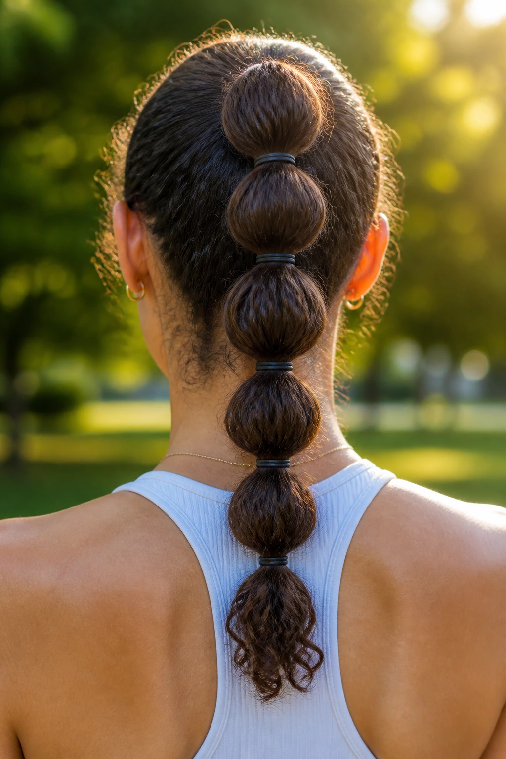 Back view of a real woman with a bubble ponytail on curly hair.