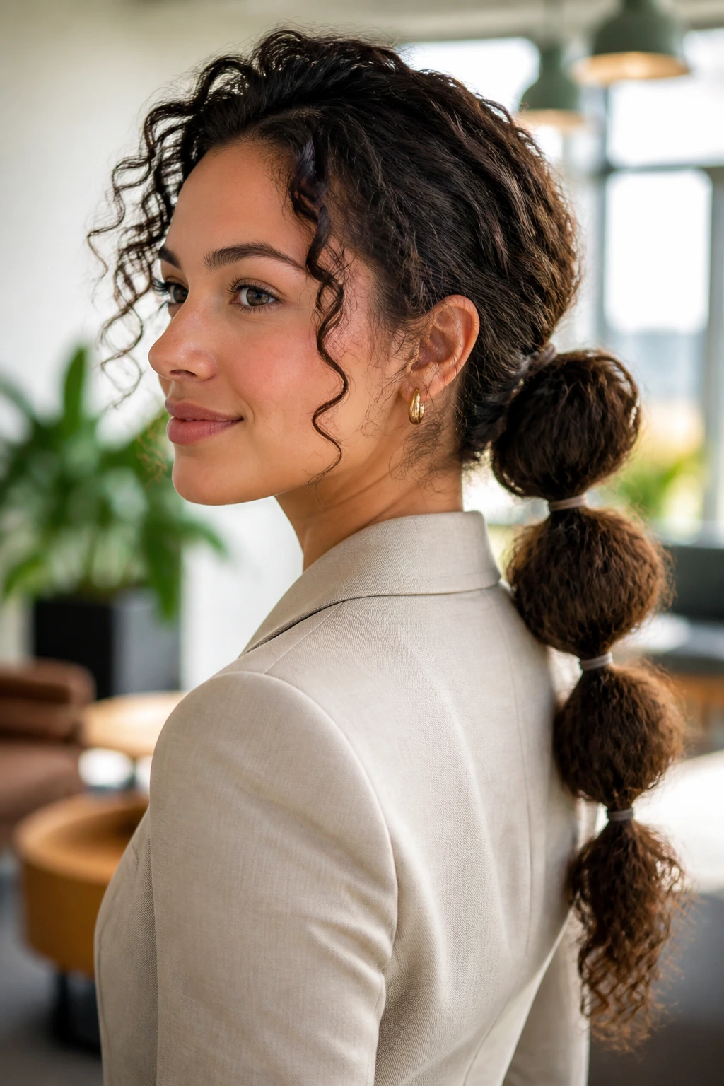Real woman with bubble ponytail on curly hair