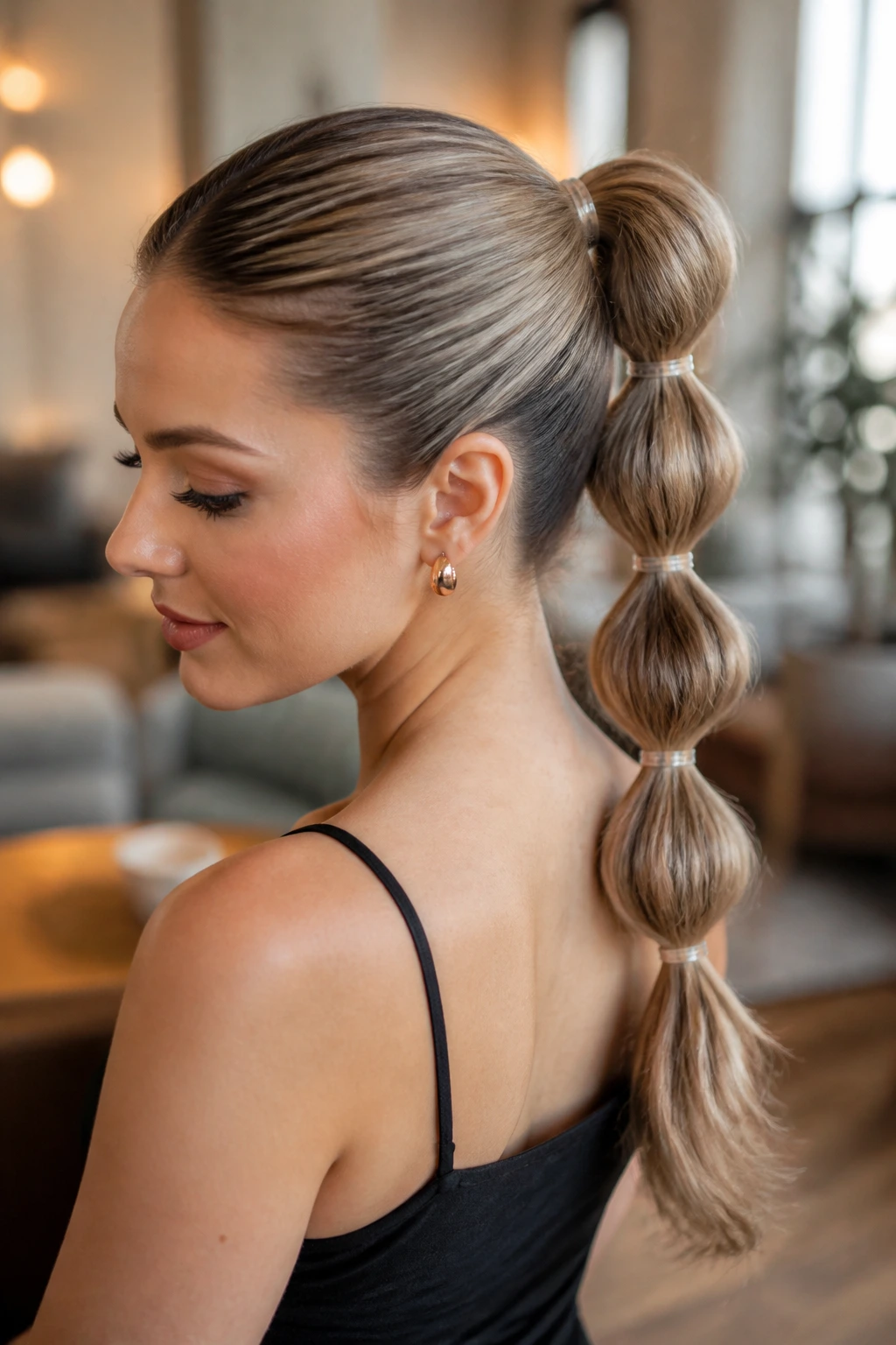 Close-up of a woman with bubble ponytail showing evenly spaced elastics.