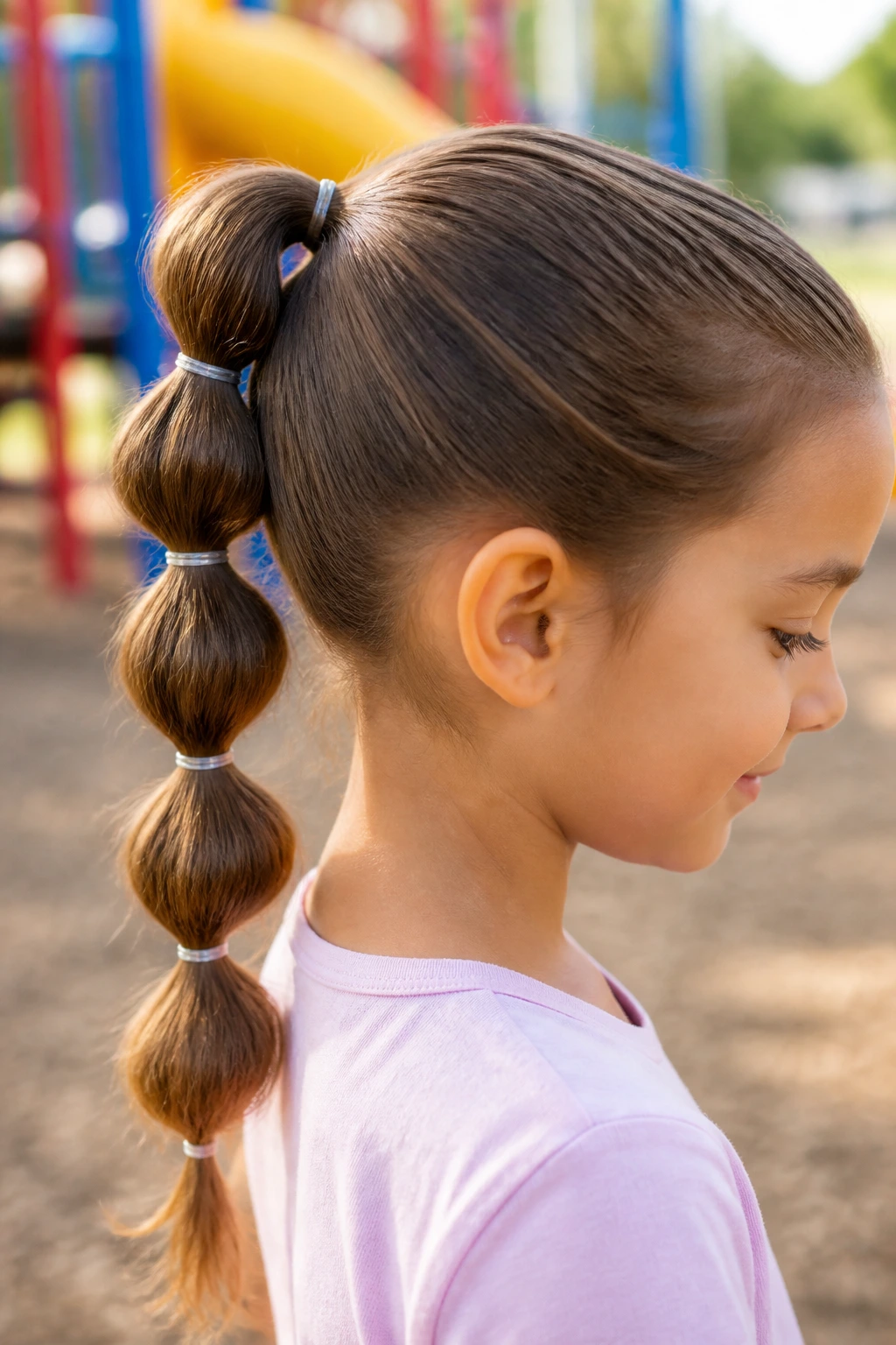 Close-up of a girl with a bubble ponytail formed by elastic segments