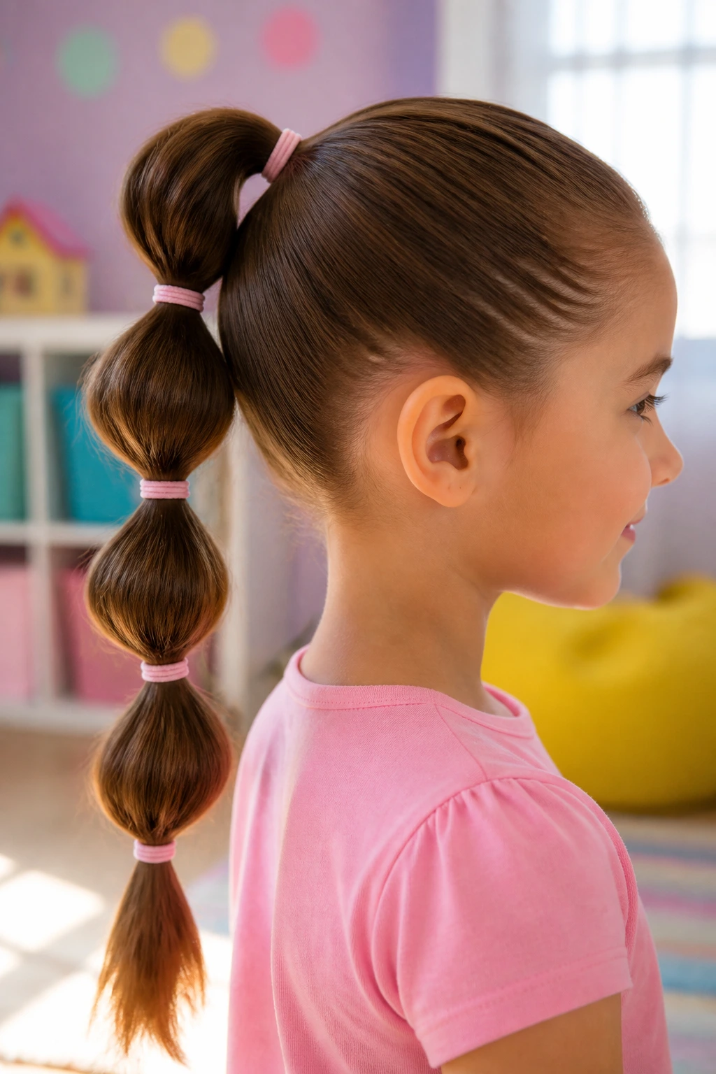 Close-up of a child’s bubble ponytail with spaced elastics forming bubble segments