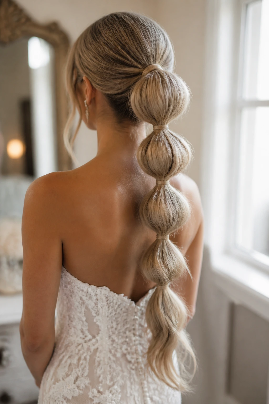 Back view of a bride with a bubble ponytail and long extensions
