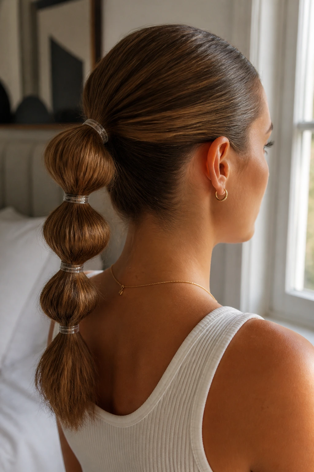 Close-up of a real woman with a bubble ponytail showing segmented hair and clear elastics in a sunlit bedroom
