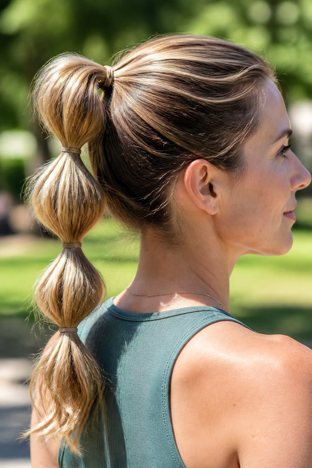 Close-up portrait of a real woman with a bubble ponytail hairstyle
