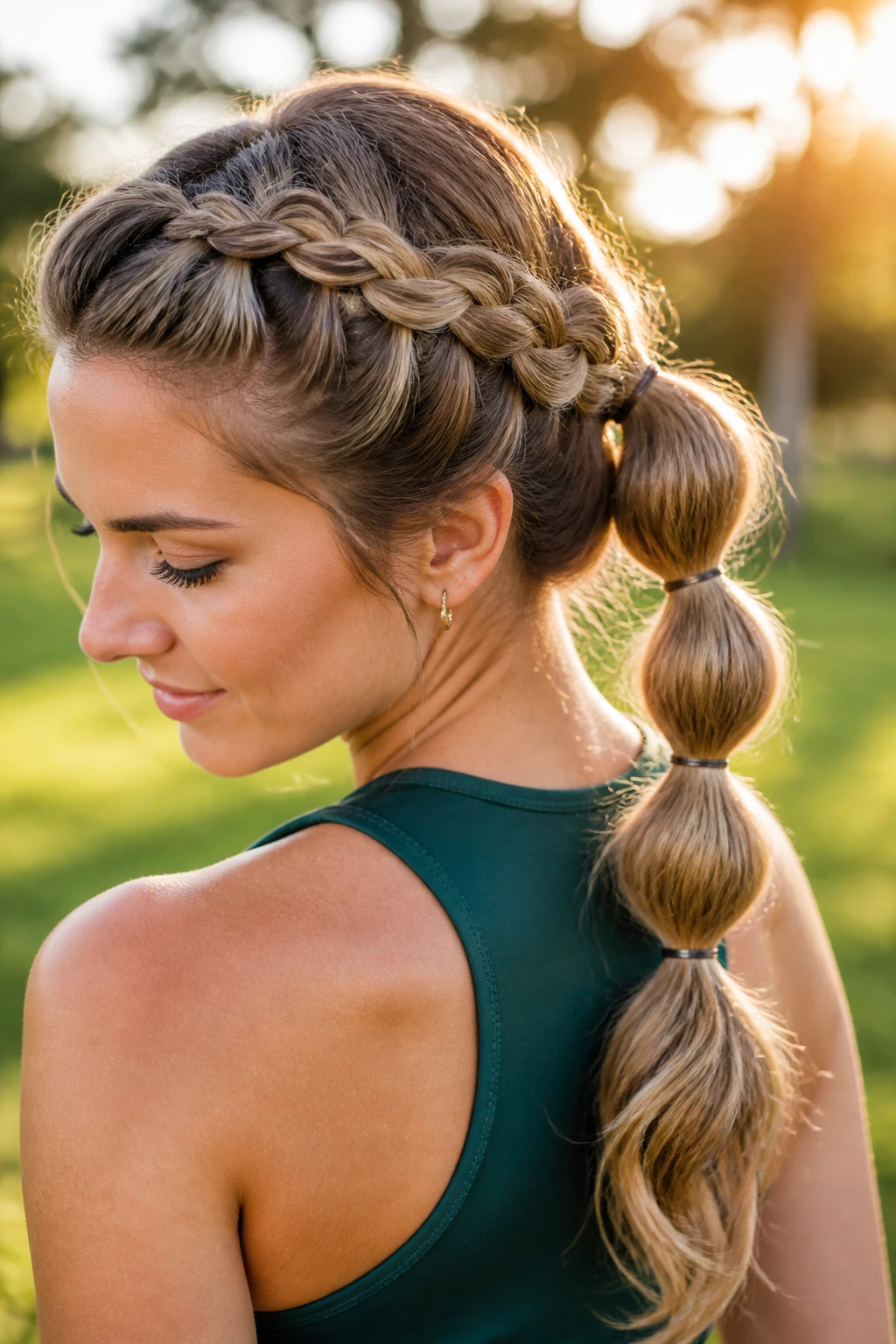 Close-up of a real woman with a crown braid transitioning into a bubble ponytail in a park.