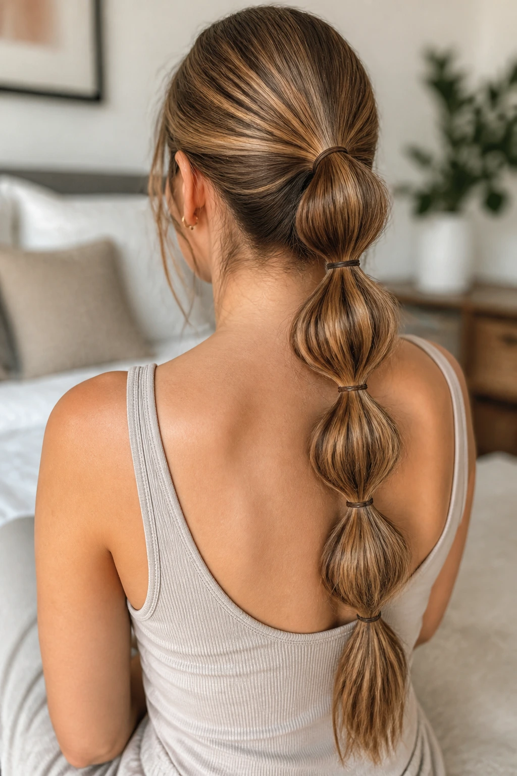 Back-of-head view of a real woman with a bubble ponytail showing rounded segments and clear elastics.