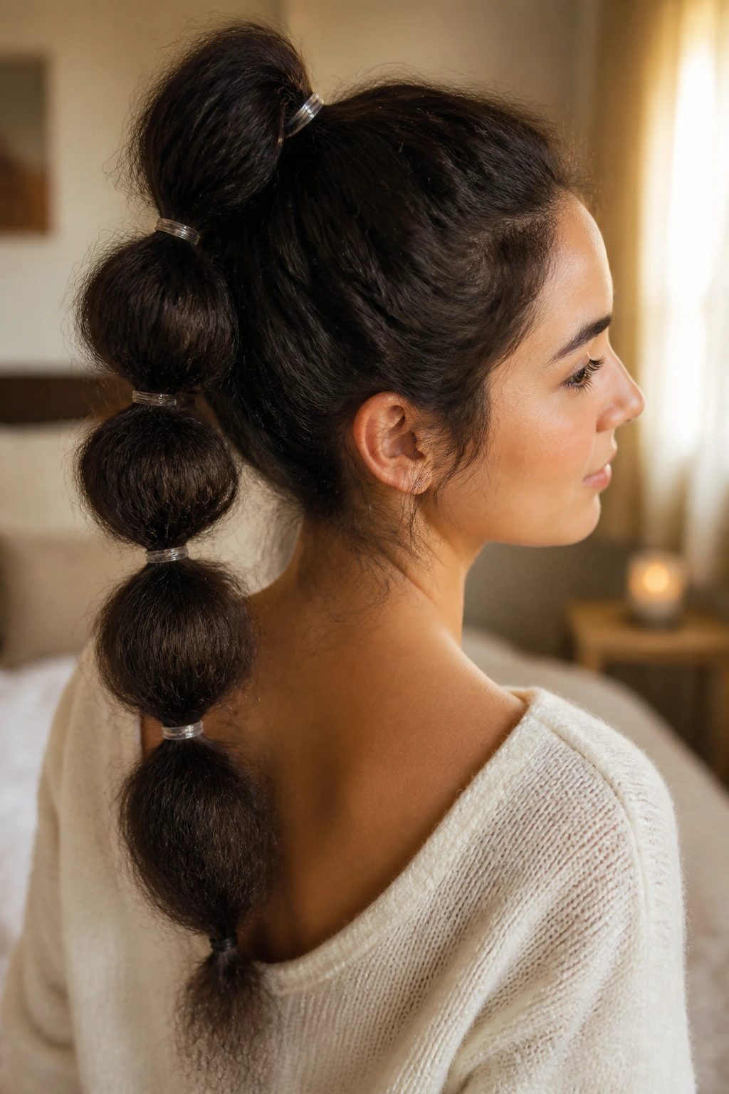 Close-up of a real woman with a high bubble ponytail and thick frizzy hair
