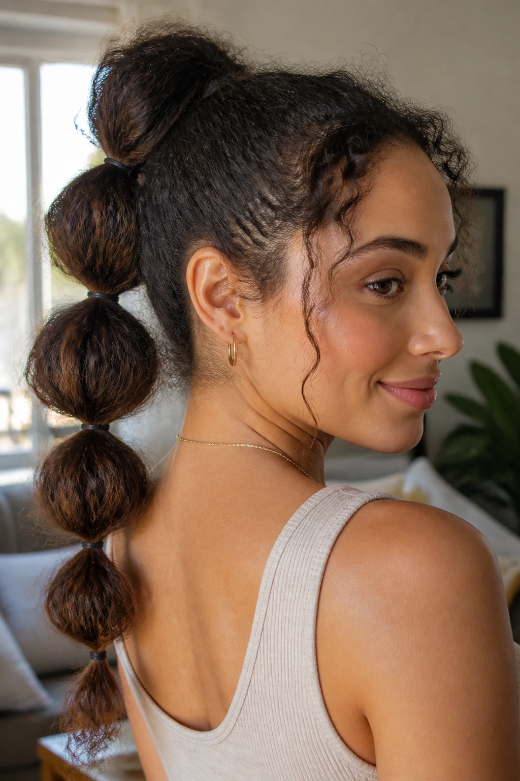 Close-up of a real woman with a bubble ponytail showing rounded elastic sections