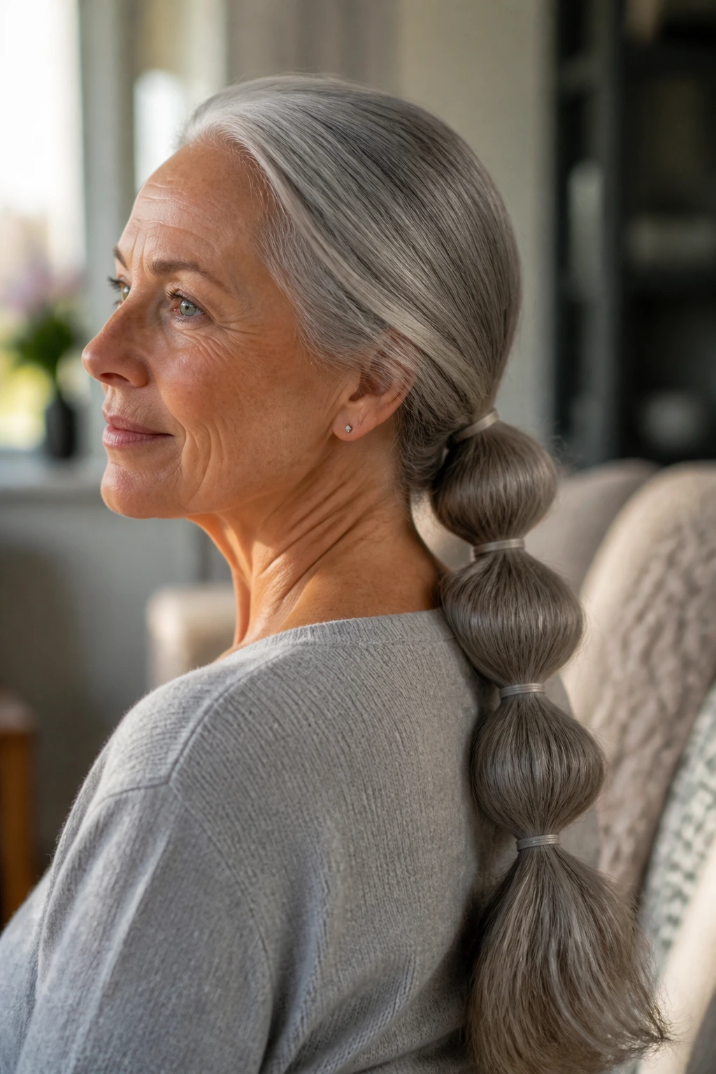 Close-up of an older woman with long gray hair styled in a bubble ponytail.