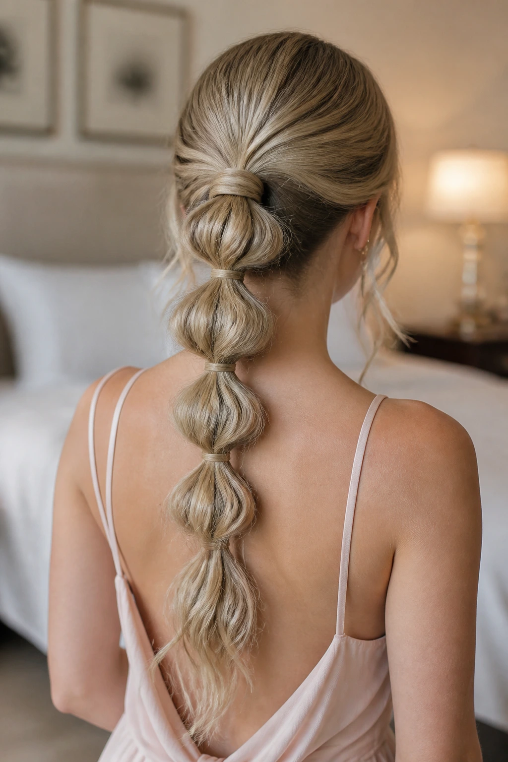 Back view of a real woman with a segmented bubble ponytail and soft ends.