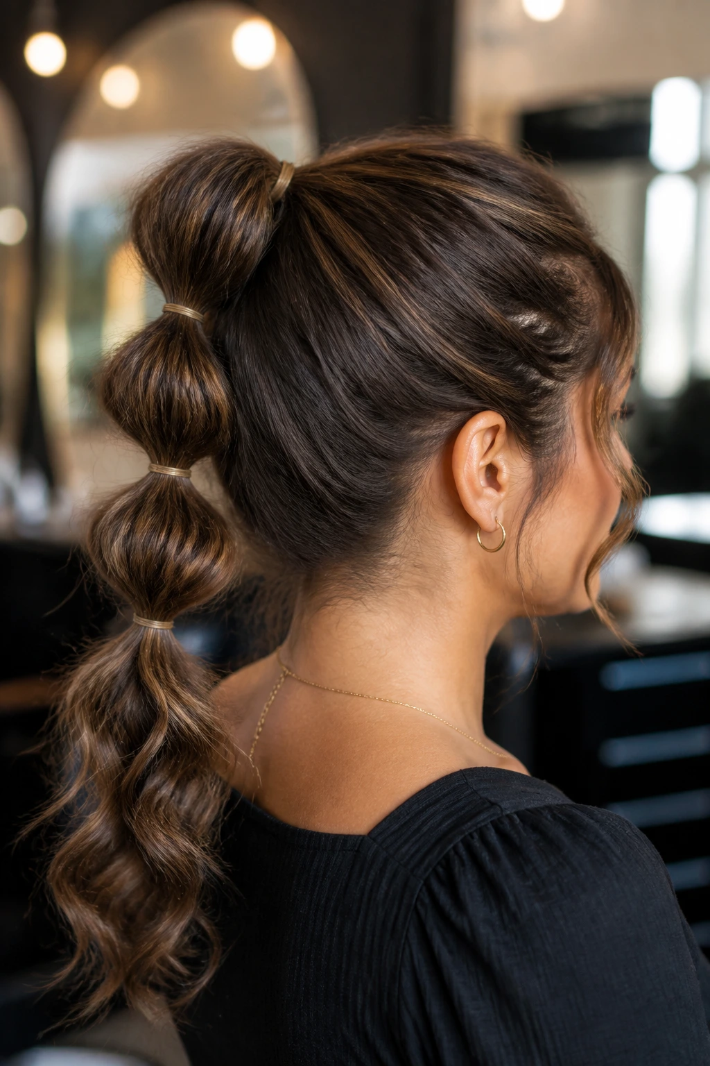 Close-up of a real woman wearing a bubble ponytail with spaced elastics forming bubbles