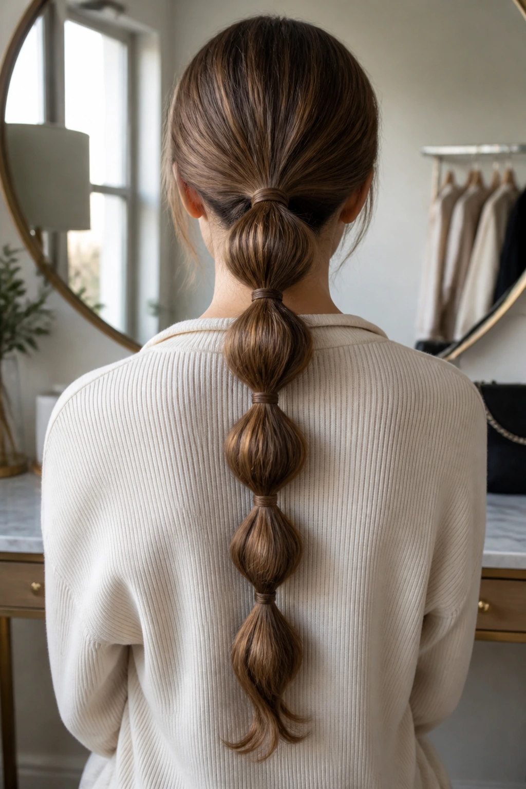 Back view of real woman with bubble ponytail down the back