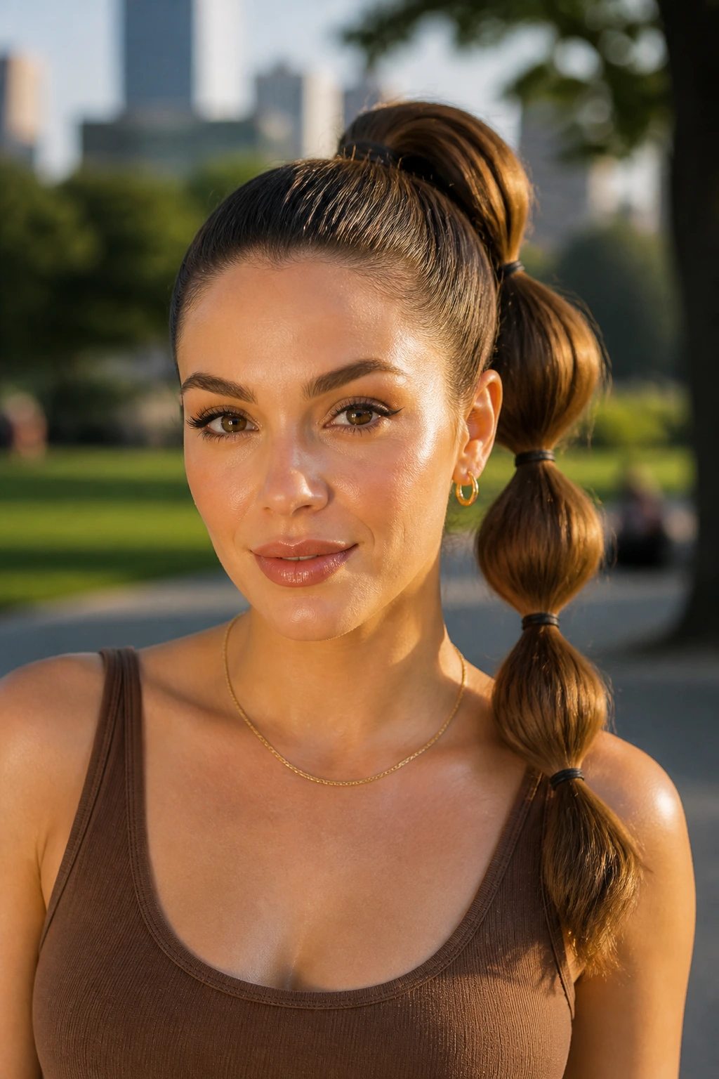 Portrait of a woman with a bubble high ponytail