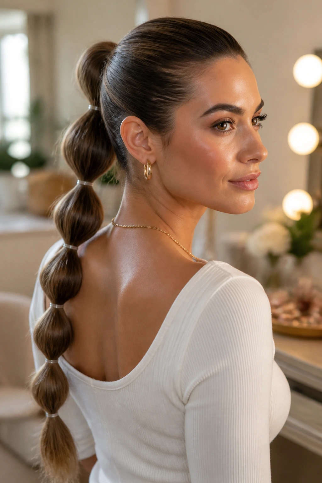 Close-up of a woman with a bubble ponytail in a dressing room